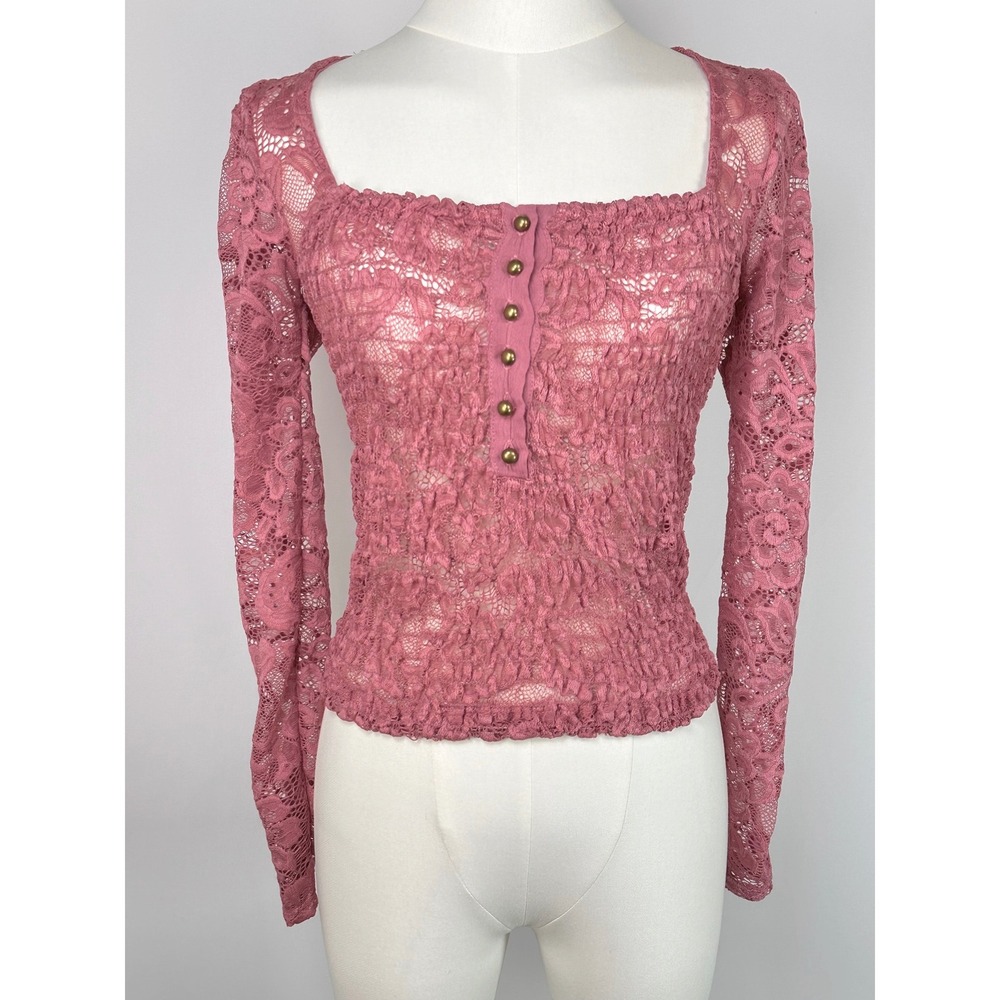 Oak & Trellis‎ Pink Floral Lace Smocked Top S Square Neck Sheer Long Sleeve